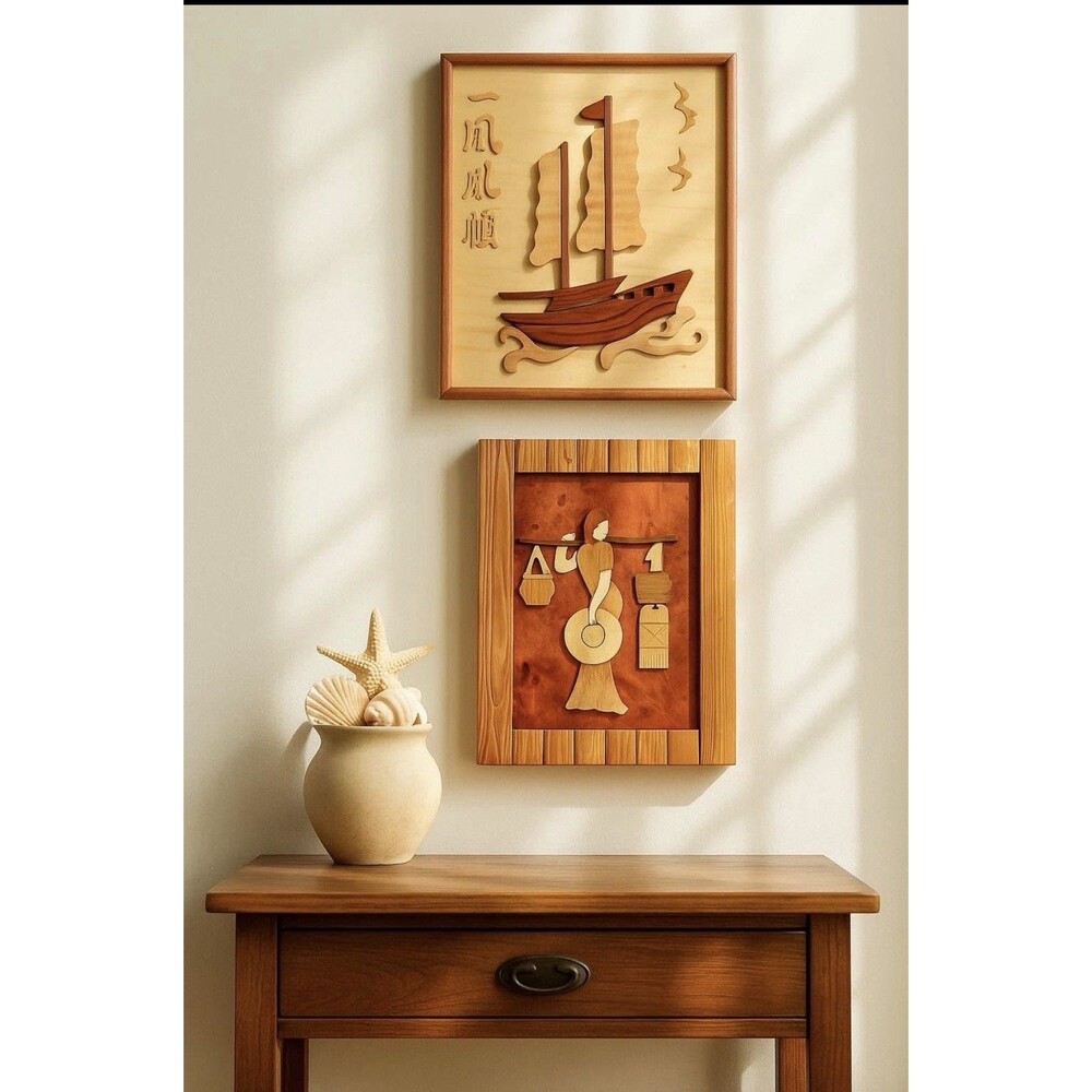 Handcrafted Wooden Wall Art Plaques Set Asian Boat & Woman Carrying Baskets